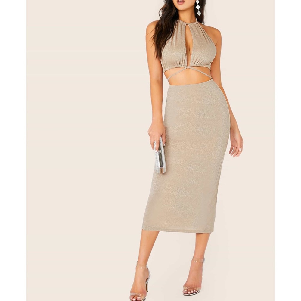 Nude Glitter Cut Out Halter Bodycon Midi Dress